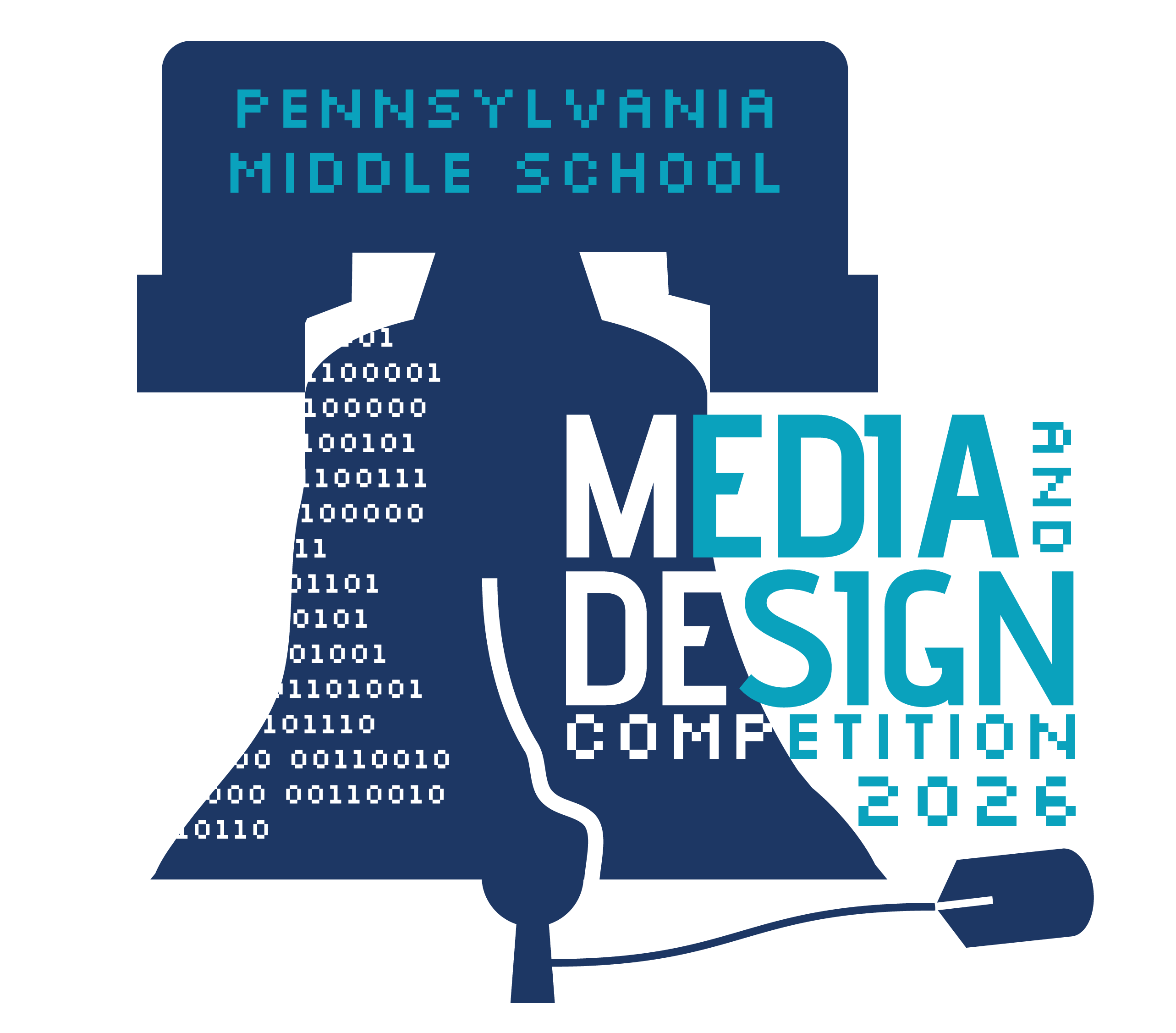 Blue and light blue Liberty Bell style winning logo for the 2026 Middle School Pennsylvania Media and Design Competition